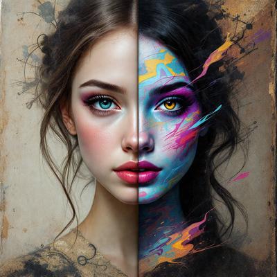 The primary subject of the image is a woman with two different colored eyes, one blue and one yellow. She is wearing makeup and has a distinctive appearance. The setting is a painting or drawing, which adds to the visual style. The colors and mood of the image are vibrant and lively, with the woman's unique features and the artistic elements creating a captivating and eye-catching scene.